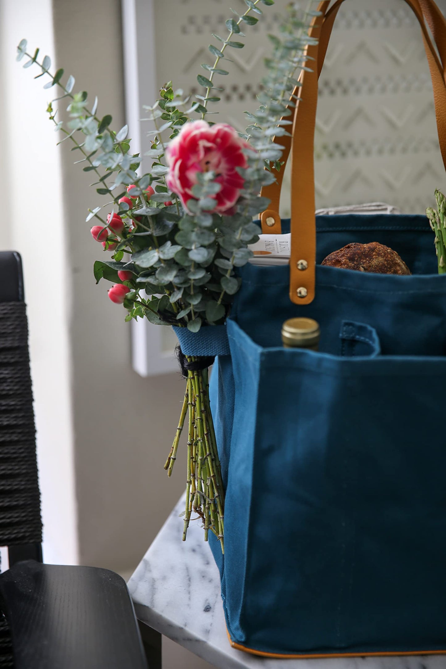 CapaBunga Farmer's Market Tote Shopping Bags with Handles - 7 Pocket Large Utility Tote Bag - Heavy Duty Canvas Utility Bag with Vegan Leather Base - Reusable Tote Bag - Petrol Blue Grocery Bag