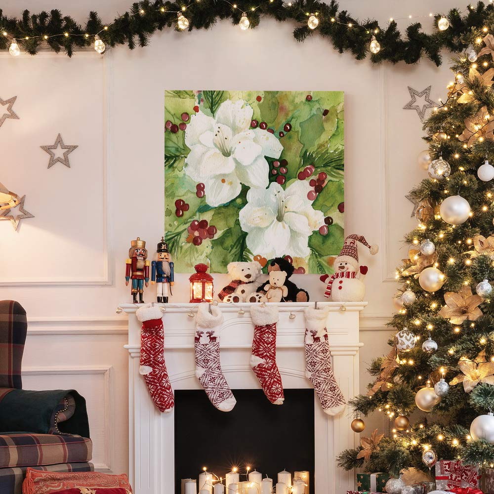 Renditions Gallery Holly Leaves Wall Art, Christmas & Winter Artwork, Festive Red & Green, Flowers, Floral, Premium Gallery Wrapped Canvas Decor, Ready to Hang, 24 in H x 24 in W, Made in America