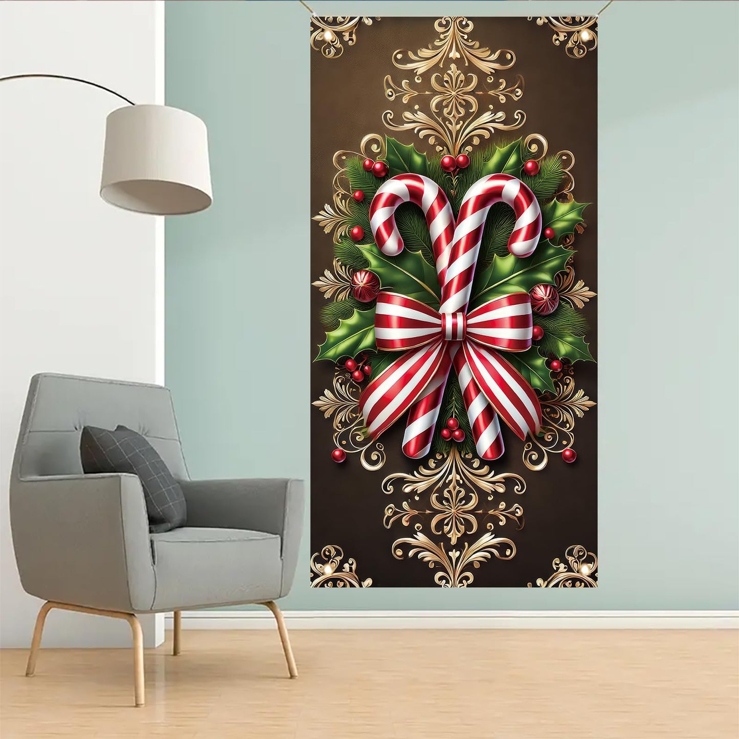 Saoplasa Christmas Door Cover Candy Cane Bow Banner 71 x 35 Inch Holiday Peppermint Stripe Wall Hanging with Holly Leaves Ornaments for Winter Wonderland Xmas Front Door Decor Photo Backdrop