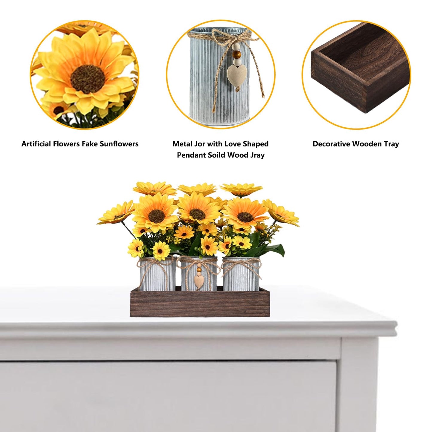 HEMYLU Sunflowers Artificial Flowers Decorations, Sunflower Table Centerpieces for Wedding, Artificial Flower Arrangement Farmhouse Décor for Dining Room, Living Room, Coffee Table, Study Desk