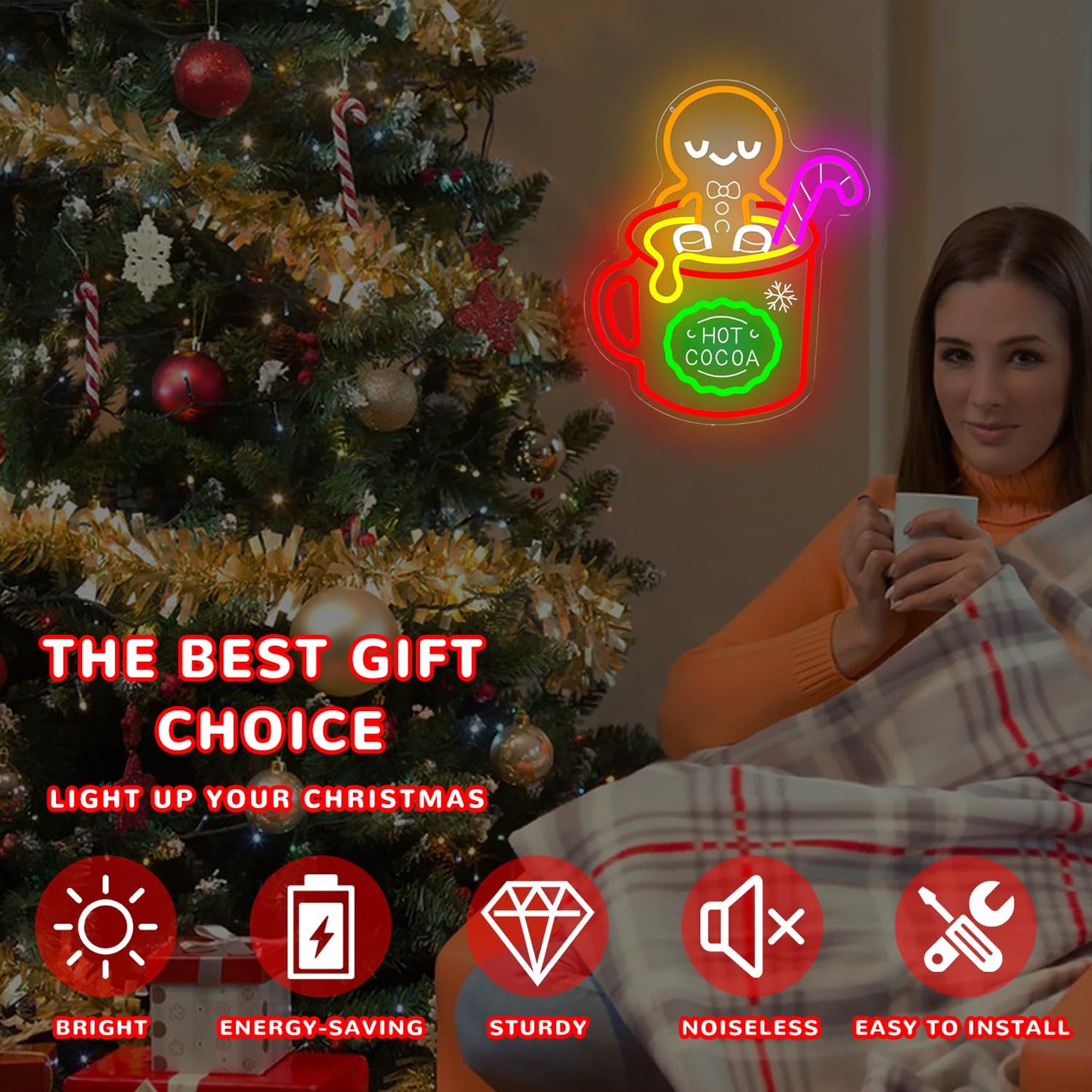 hhuohuona Christmas Gingerbread Man Neon Sign Dimmable Hot Cocoa Christmas Led Sign Gingerbread Hot Cocoa Mug Candy Cane Neon Lights Xmas Holiday Led Wall Decor Gift