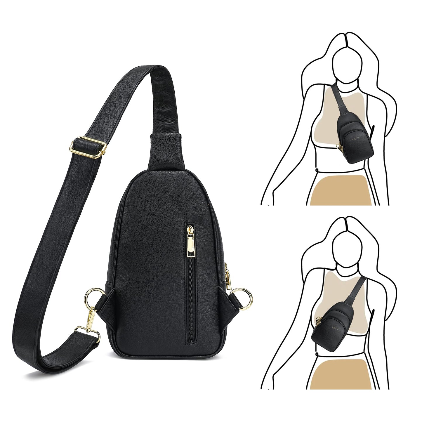INICAT Small Crossbody Sling Bags Faux Leather Fanny Packs Purses for Women Everyday & Travel(Black)