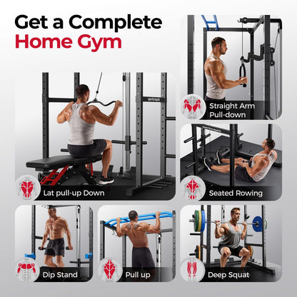 Sportsroyals Squat Rack, LAT Power Cage, Power Rack Multi-Function with Pulley System and Training Attachments for Home Gym