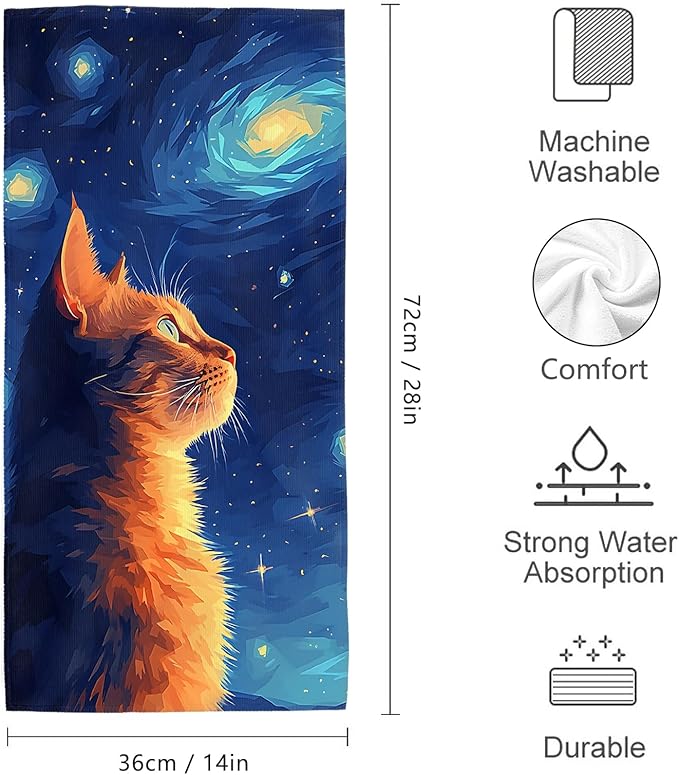 Cute Orange Cat Hand Towels Decorative Set of 2 Soft Absorbent Abstract Blue Starry Sky Bath Towels for Bathroom Farmhouse Spa Gym Yoga Home Decor, Gifts for Cat Lover 14"x28"