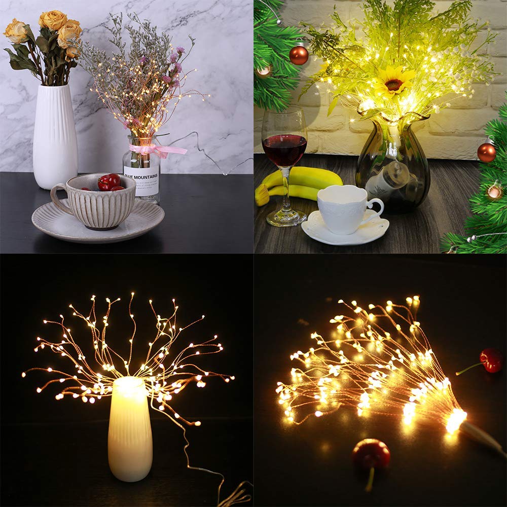 PXBNIUYA 2 Pack Starburst Sphere Lights,200 LLED Firework Lights, 8 Modes Dimmable Remote Control Waterproof Hanging Fairy Light, Copper Wire Light for Patio Parties Christmas (Battery Operated)