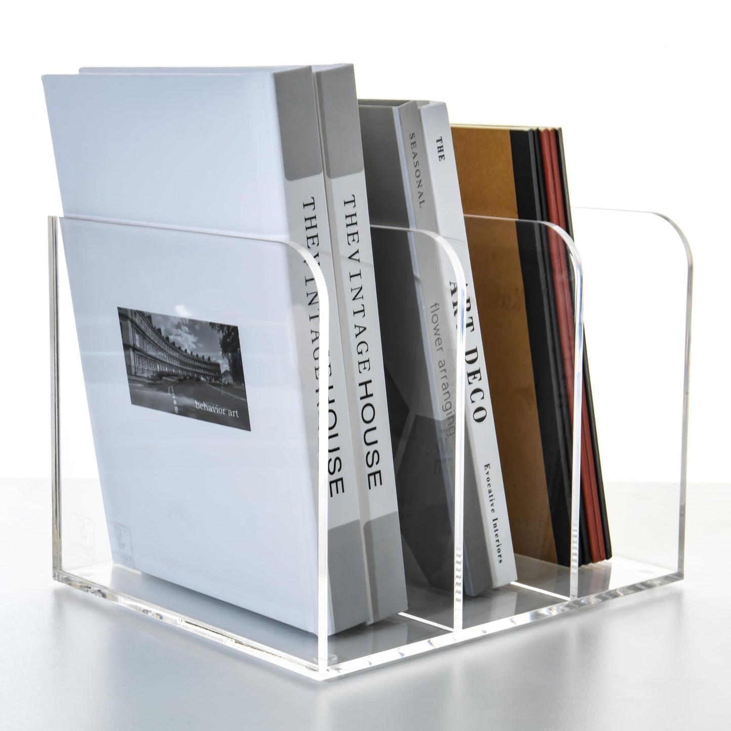 AIMOLLY 3 Vertical Compartments Clear Acrylic Magazine & File Holder – Multipurpose Desk Organizer for Documents, Tablets, Magazines, Books – Office/Home/Classroom Rack