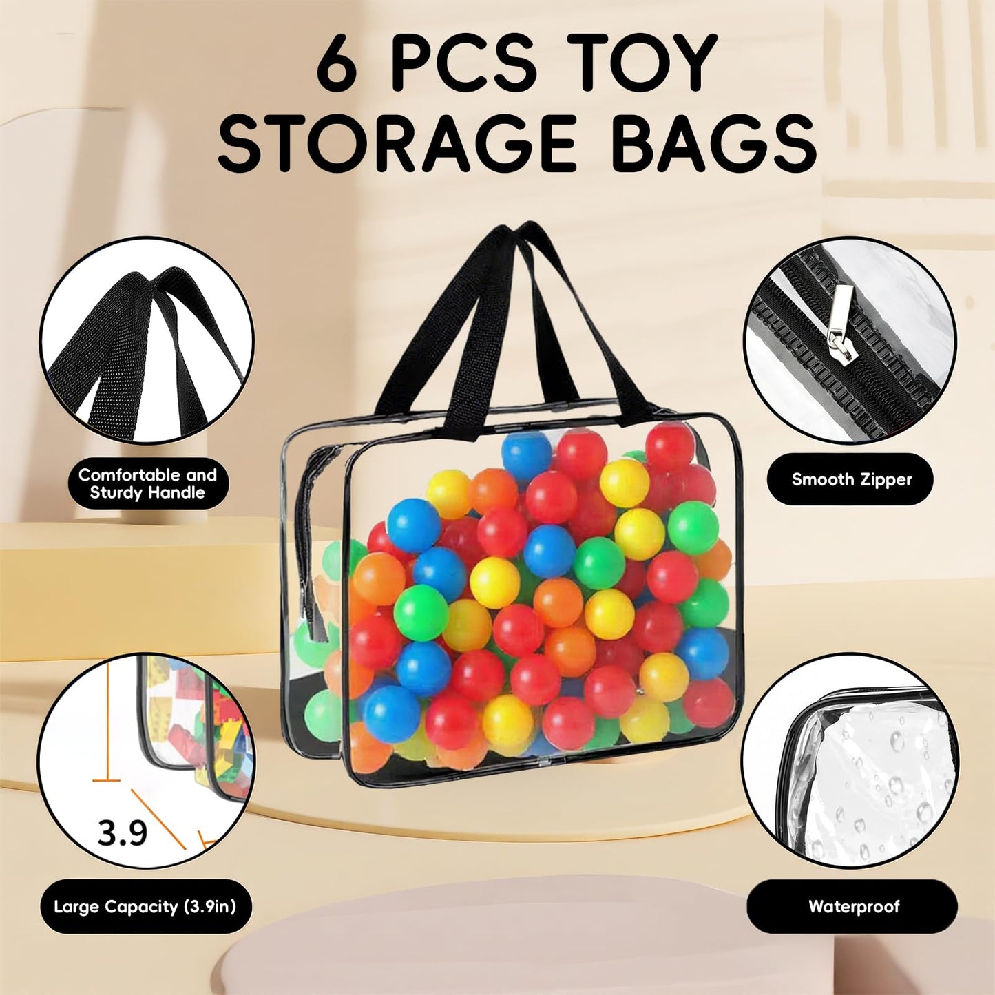 Dismok 6 Pcs Storage Bags with Zipper - Large Board Game Storage with Labels, Clear & Waterproof Toy Organizer for Building Blocks, Puzzles (Black)