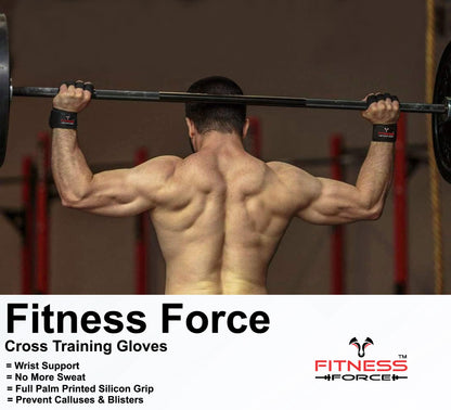 FITNESS FORCE Ventilated Weightlifting Gloves Workout Gloves for Men & Women with Built-in Wrist Wraps Fingerless Gym Gloves for Men Perfect for Exercise Fitness, Weight Lifting, Cross Training