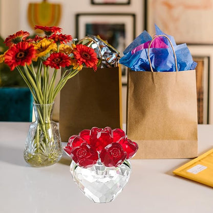 LONGWIN Crystal Rose Flower Figurines Collectible Glass Spring Bouquet with Vase Home Decor Romantic Gifts for Women Red