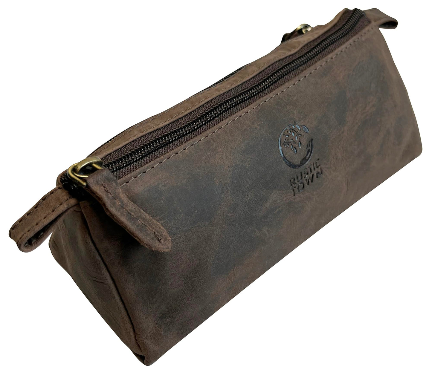 RUSTIC TOWN Leather Pencil Case - Handcrafted Zippered Stationery Bag, Marker Pen Pouch for Work & Office - Multi-Purpose Travel Organizer for Men & Women