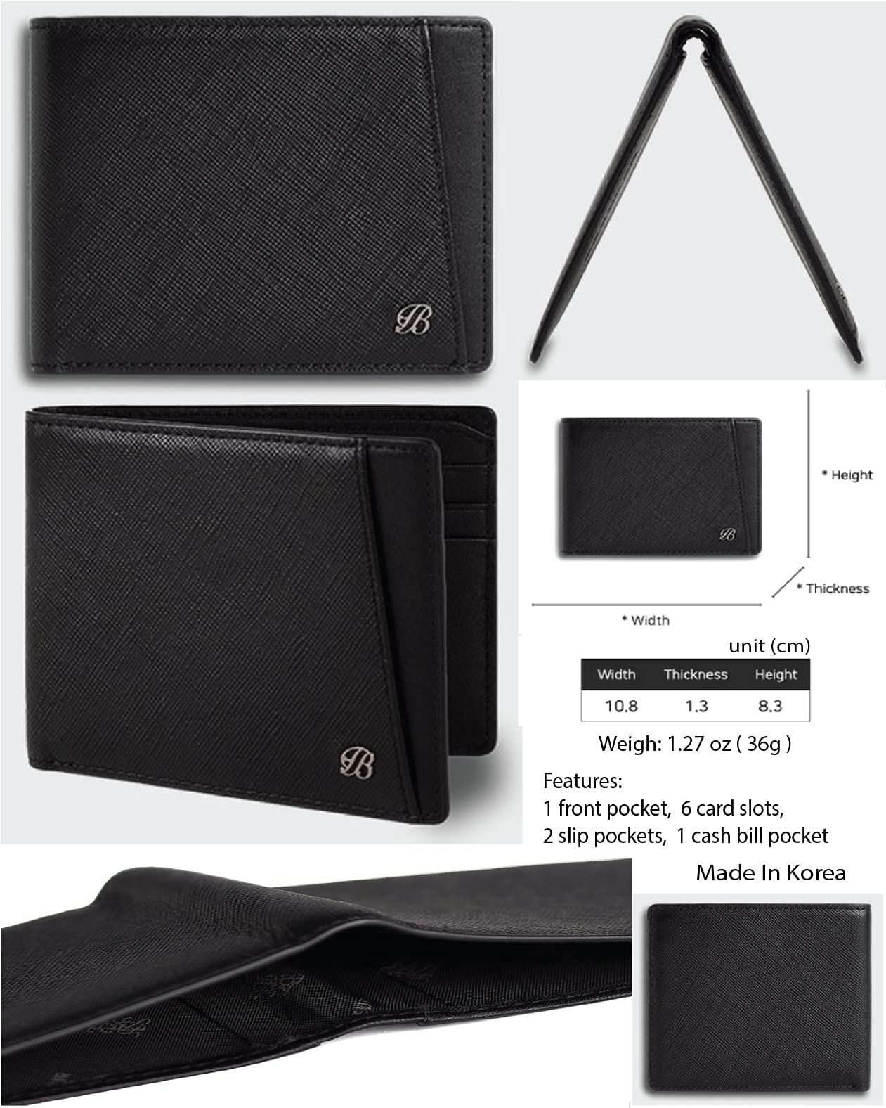 Maskfactory stwees bifold leather wallets - Ultra slim, RFID, Front pocket, slim, ID window (Pocket style B, Black)