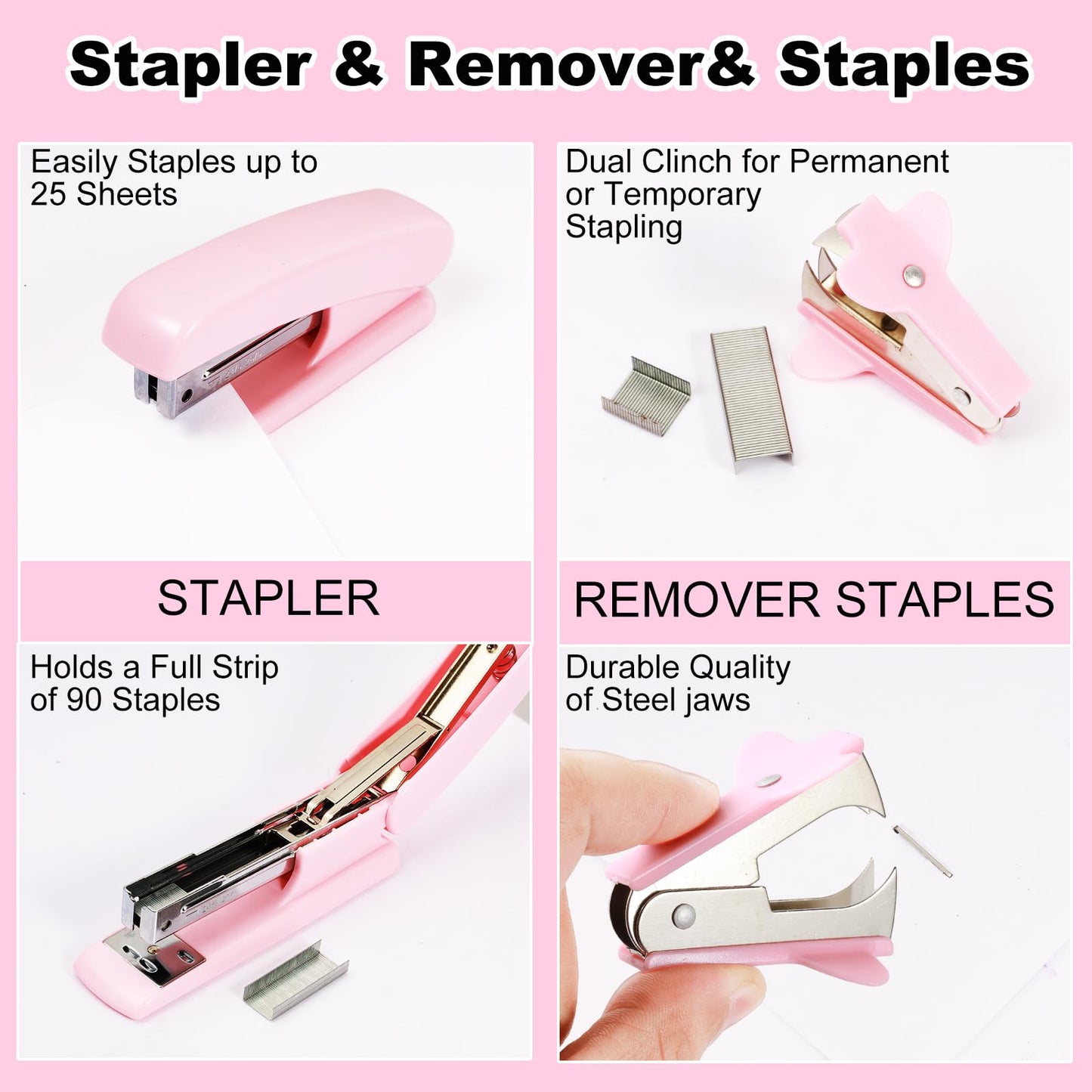 Gawsey Pink Desk Organizers and Accessories Set with 360-Degree Rotating Pen Holder, Tape Dispenser, Stapler, Staple Remover, 1000 Staples, Tape, Clips Set, Ruler, Scissor, Pen