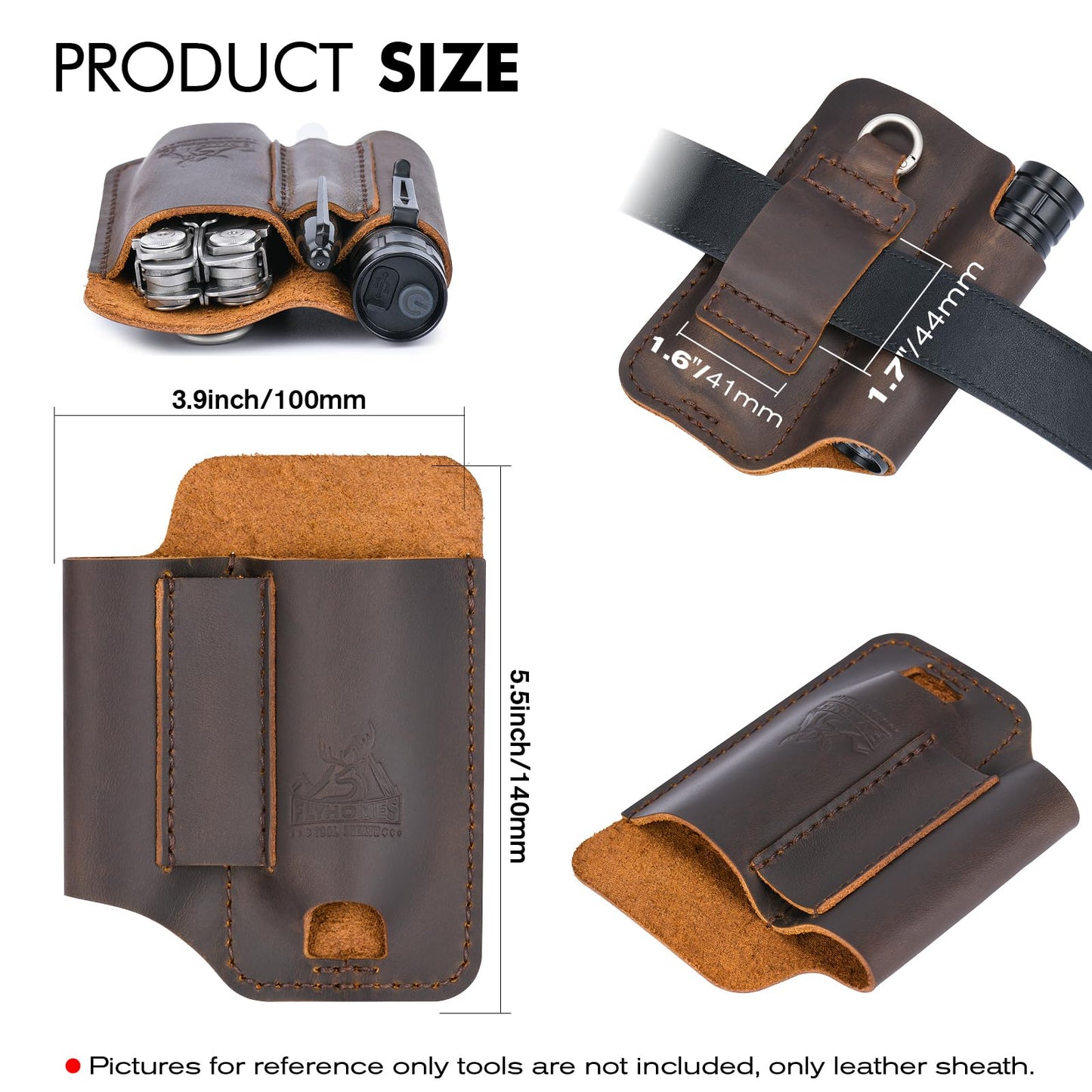 FLYHOMES Genuine Leather Multitool Sheath | Handmade Stitched EDC Belt Organizer for Leatherman Surge & Wave+ | Multi Tool Holster & Pen | Tools Pouch (Dark Brown)
