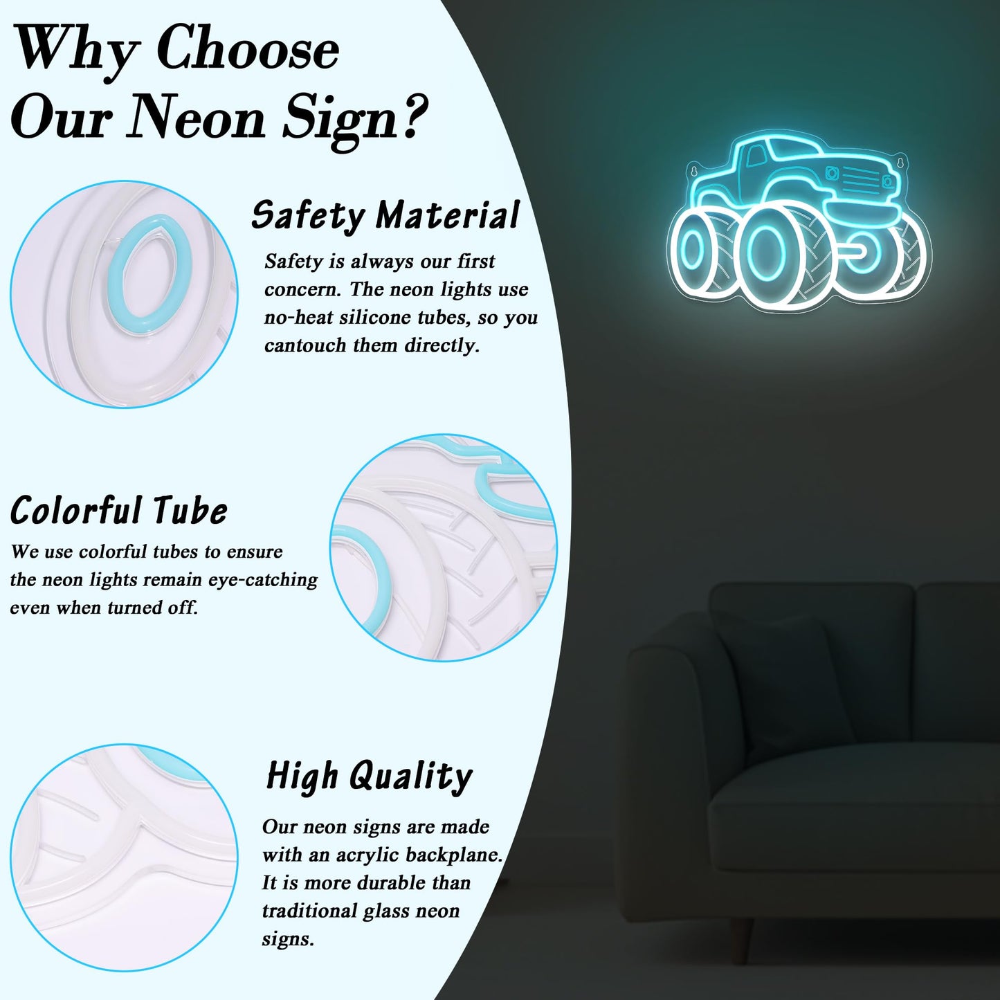 Truck Neon Signs for Wall Decor, Vehicle Neon Lights for Bedroom, Neon Wall Light Suitable for Living Office Game Room Christmas Gift for Truck Toys Lover - 5V USB Power with Hanging Chain Hooks