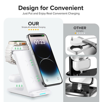 Wireless Charging Station, 3 in 1 Fast Wireless Charger Stand for Multiple Devices Apple Watch Ultra Series 10 9 8 7 6 SE 5 4 3 2, iPhone 16 15 14 13 12 11 Pro Max/Plus/Mini/X/XS/Max/XR/SE, Airpods