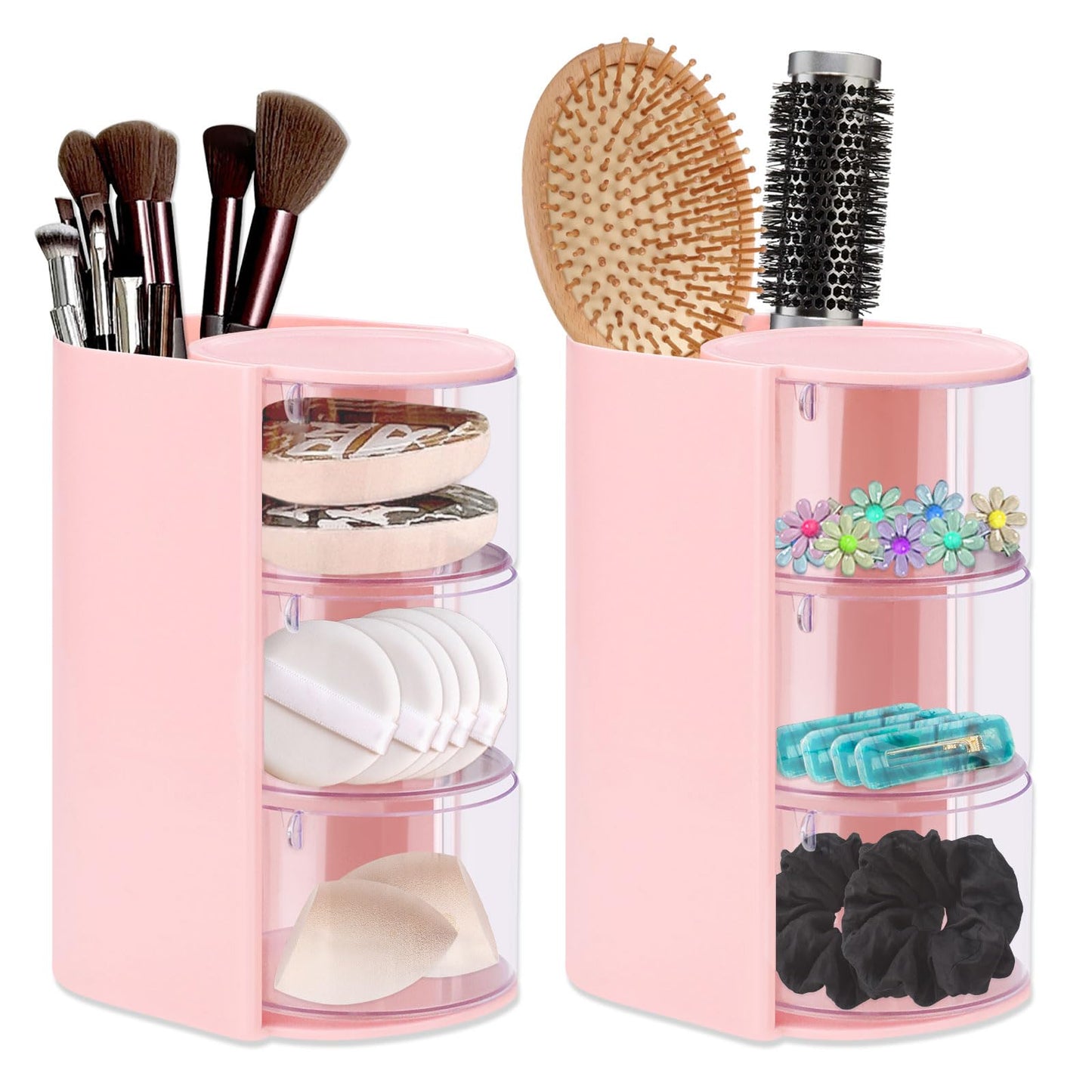 Sekonow 2 Pack Hair Accessories Organizer with Hair Brush Holder, 3-Tier Clear Rotatable Drawer Makeup Sponge Holder, Bathroom Qtip Cotton Swab/Pad/Ball Dispenser Jewelry Box (Pink)