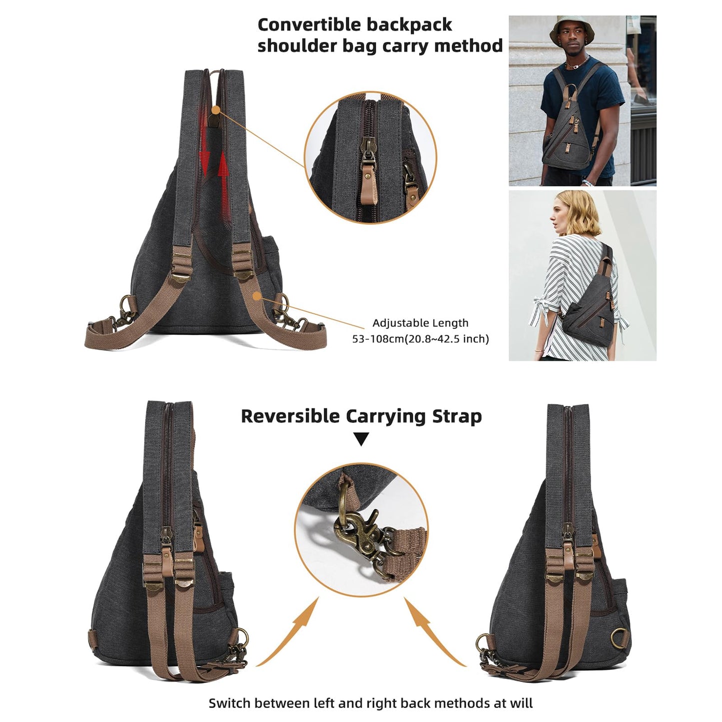 KL928 Canvas Sling Bag - Small Crossbody Backpack Shoulder Casual Daypack Rucksack for Men Women(Small Version, Black)