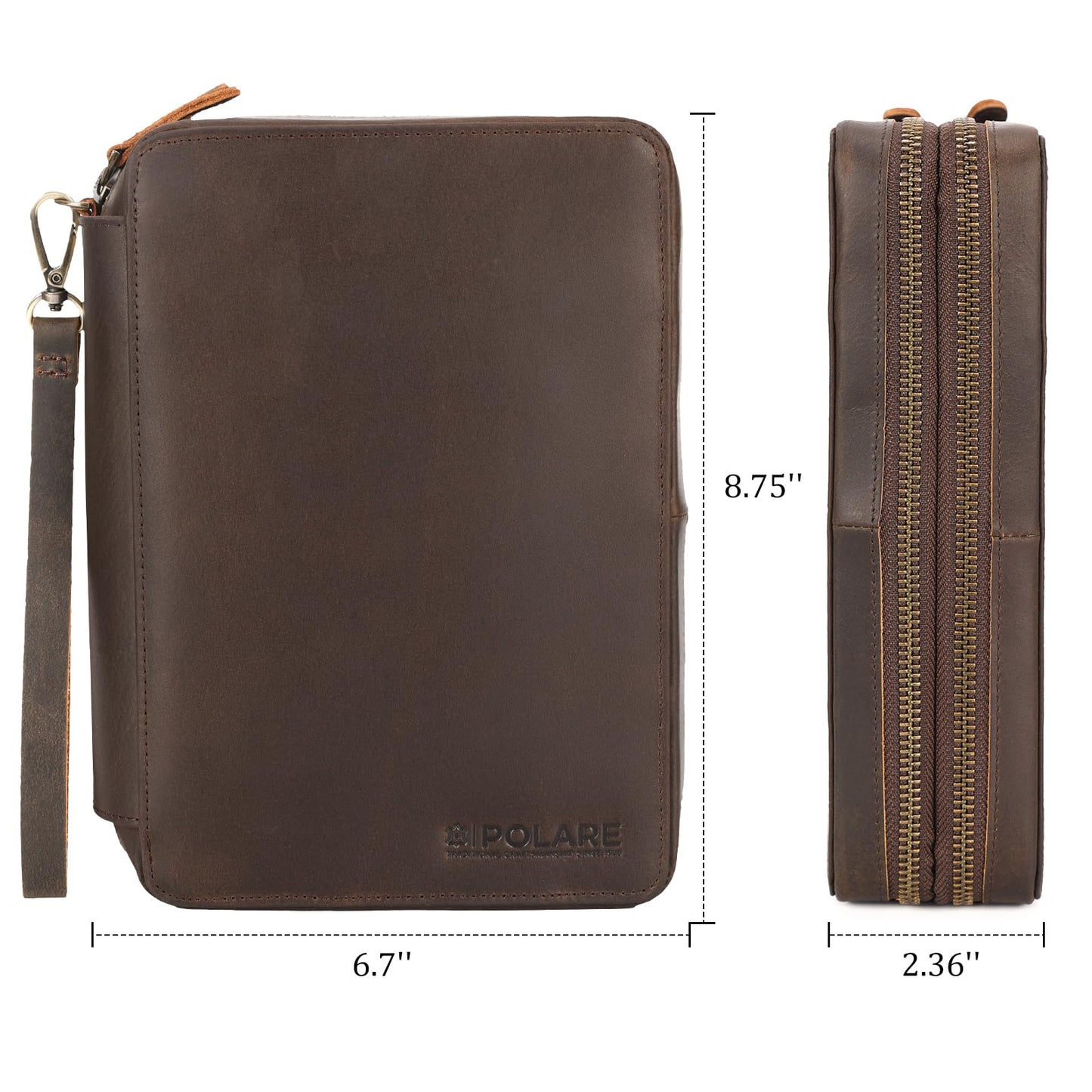 Polare Full Grain Leather Travel Cable Organizer Case Double Layer Electronics Accessories Carry Bag with YKK Zippers Tech Storage Bag for Cables, Power Bank, USB, SD Card