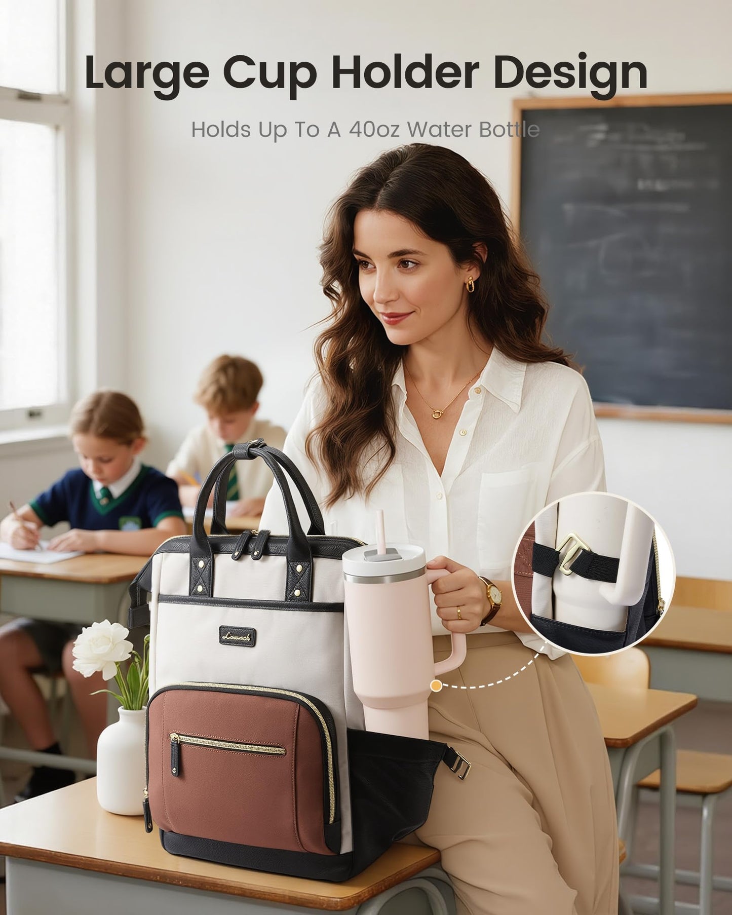 LOVEVOOK Laptop Backpack for Women with Giant Tumbler Holder,15.6 inch Professional Nurse Teacher Backpack Computer Laptop Bag,Cute Waterproof Travel Backpack Purse Work College Bag, Beige-Black-Brown