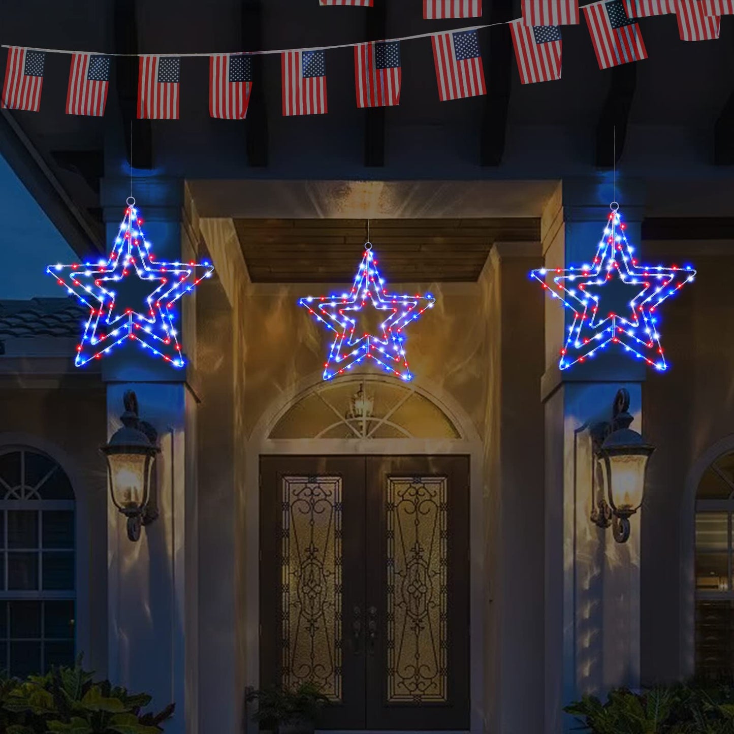 BlcTec 4th of July Decorations, 3 Layers of 14inch Red White Blue Big Stars with Rotatable Function, Durable Metal Frame Patriotic Stars Lights with Remote, 8 Modes & Timer for July 4th Decor, 2 Packs