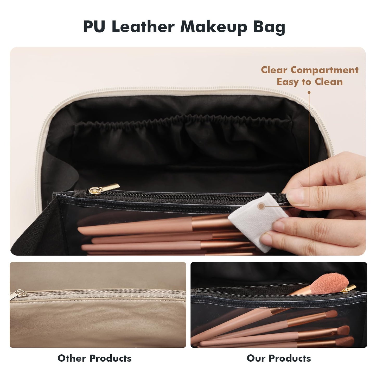 Prite Makeup Bag for Women Travel Waterproof Vegan Leather Cosmetic Bag Open Flat Toiletry Bag With Clear Divider and Handle (Black, Medium)