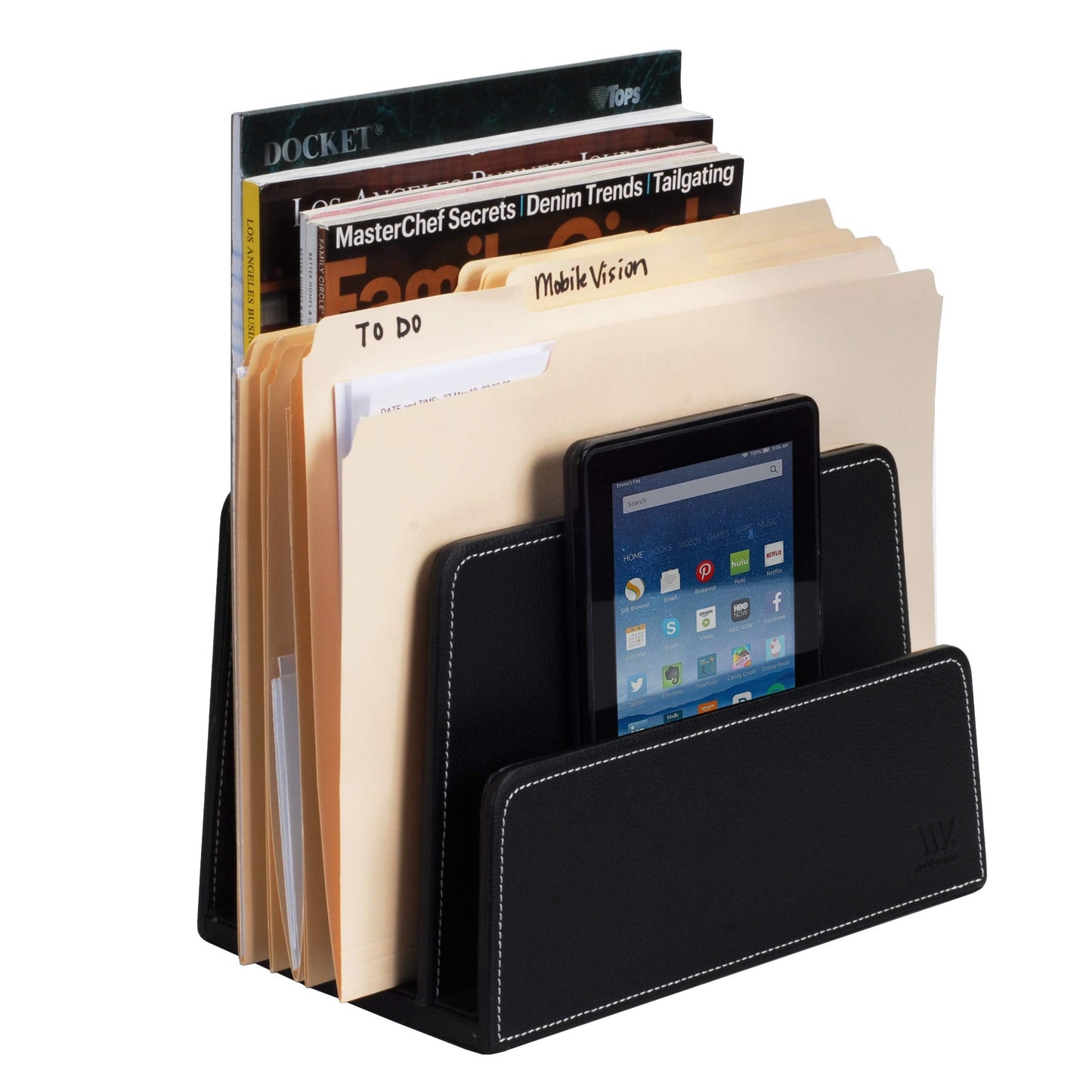 MobileVision Executive Black Desktop File Folder Organizer and Paper Tray, 5 Slot Dividers