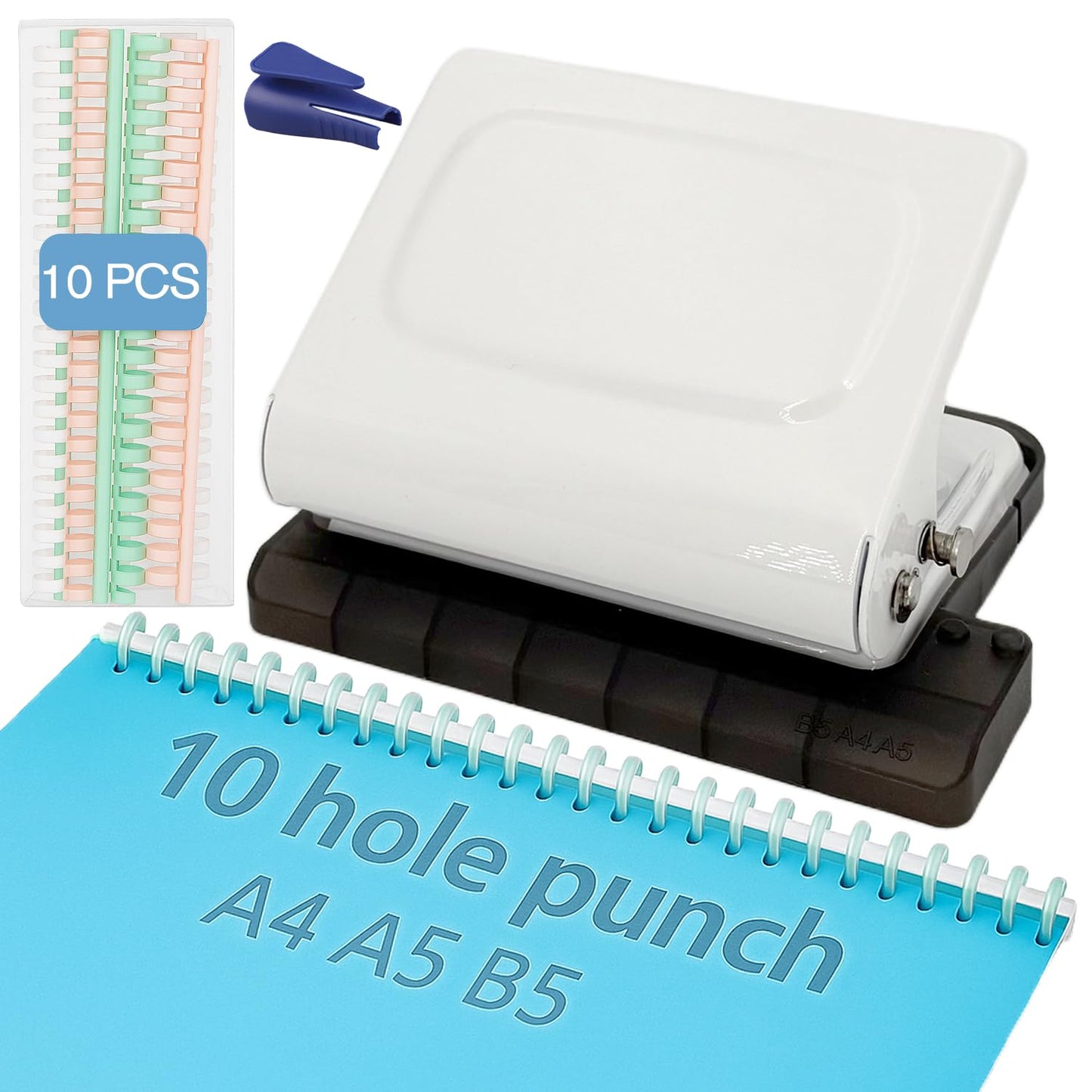 10 Hole Punch Binding Machine Kit for Planner (White) with 10 Multi-Color Spiral Coils, Adjustable A4 A5 B5 Paper Puncher, DIY Notebook Scrapbook Maker for Home Office School Organization