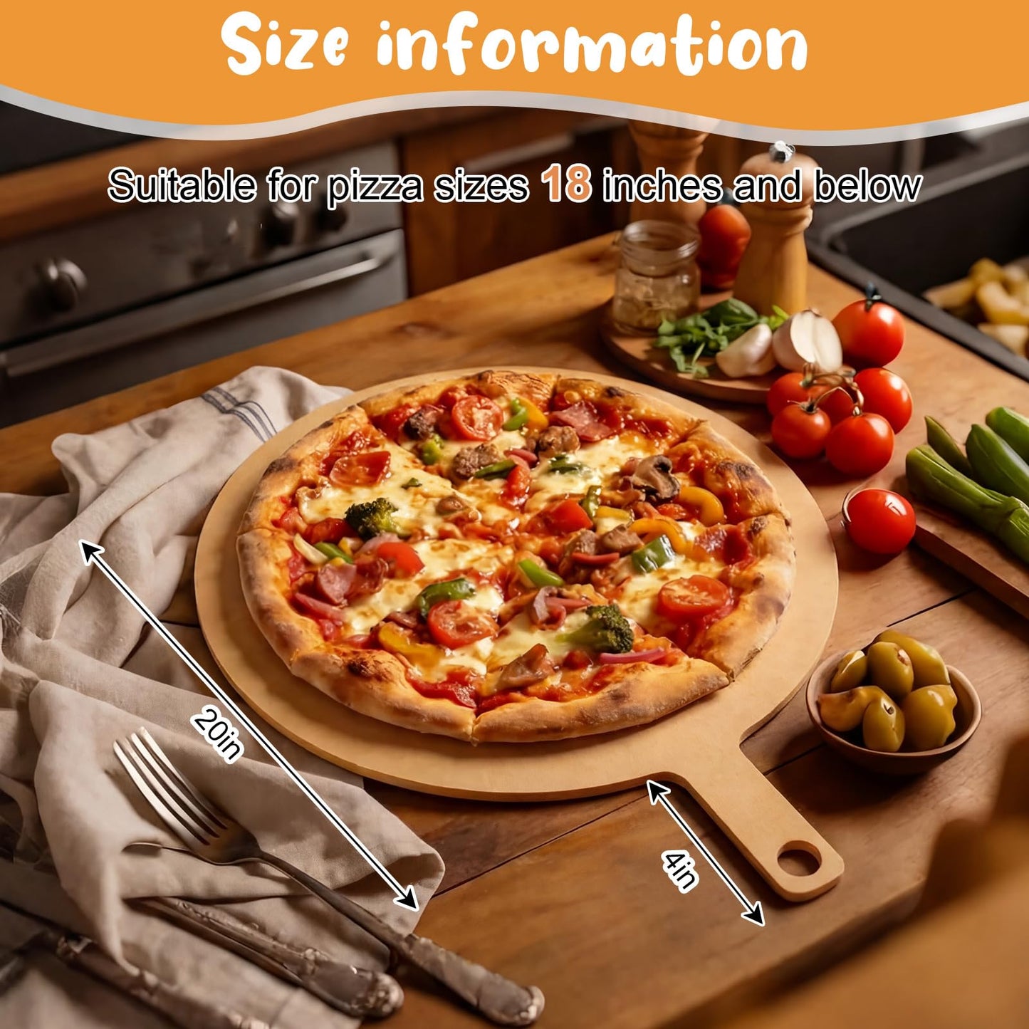 Lounsweer 24" × 20" Round Pizza Board with Handle, Wood Fiber Pizza Peel, Non-slip Cutting & Serving Board, Heavy Duty Wooden Serving Tray for Baking, Charcuterie & Kitchen Use