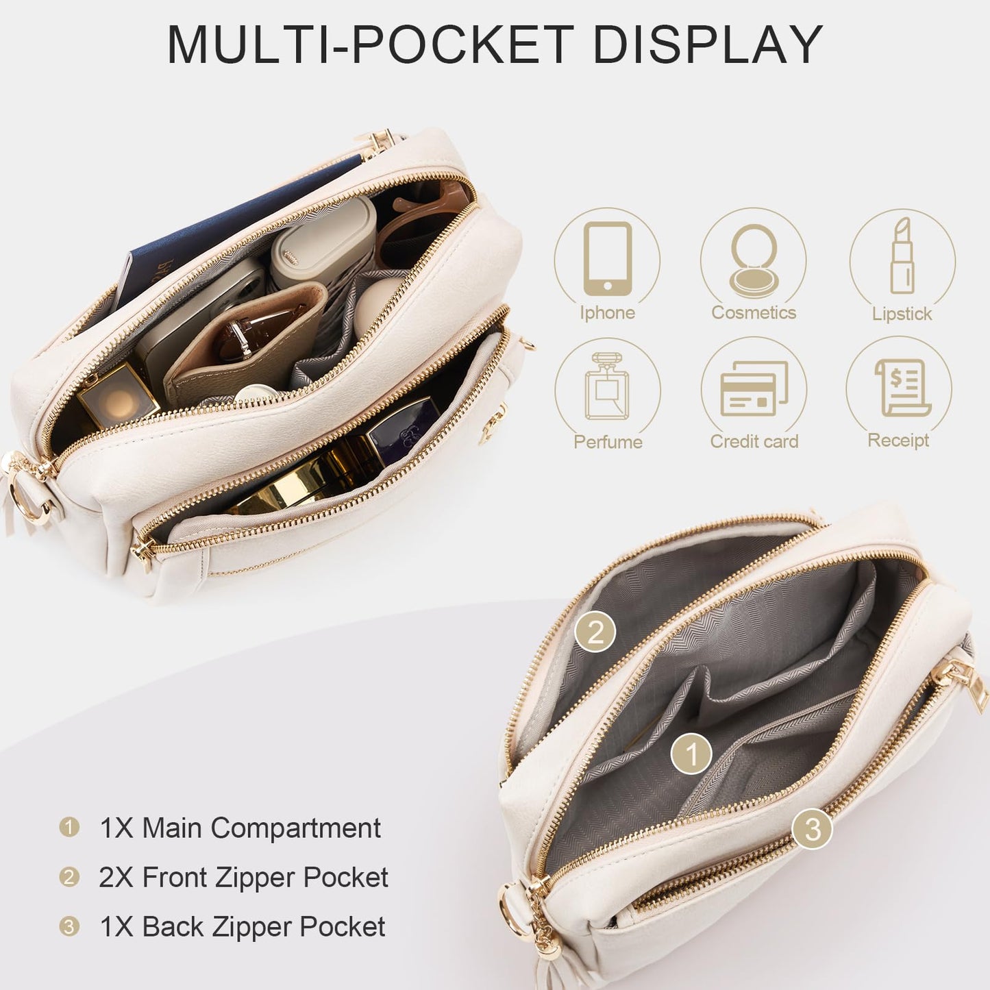 HILAEX Small Leather Crossbody Bags for Women Anti theft Purses and Handbag Shoulder Hangbag with Wide Strap Tassel Beige
