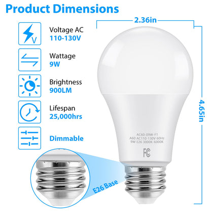 TOBUSA A19 LED Light Bulbs with Remote, 9W LED Bulbs 60W Equivalent, 3000K-6000K Dimmable Bulbs with E26 Base, 900 Lumens Light Bulbs with Timing, Memory Function, Ideal Lighting for Home, 2 Packs