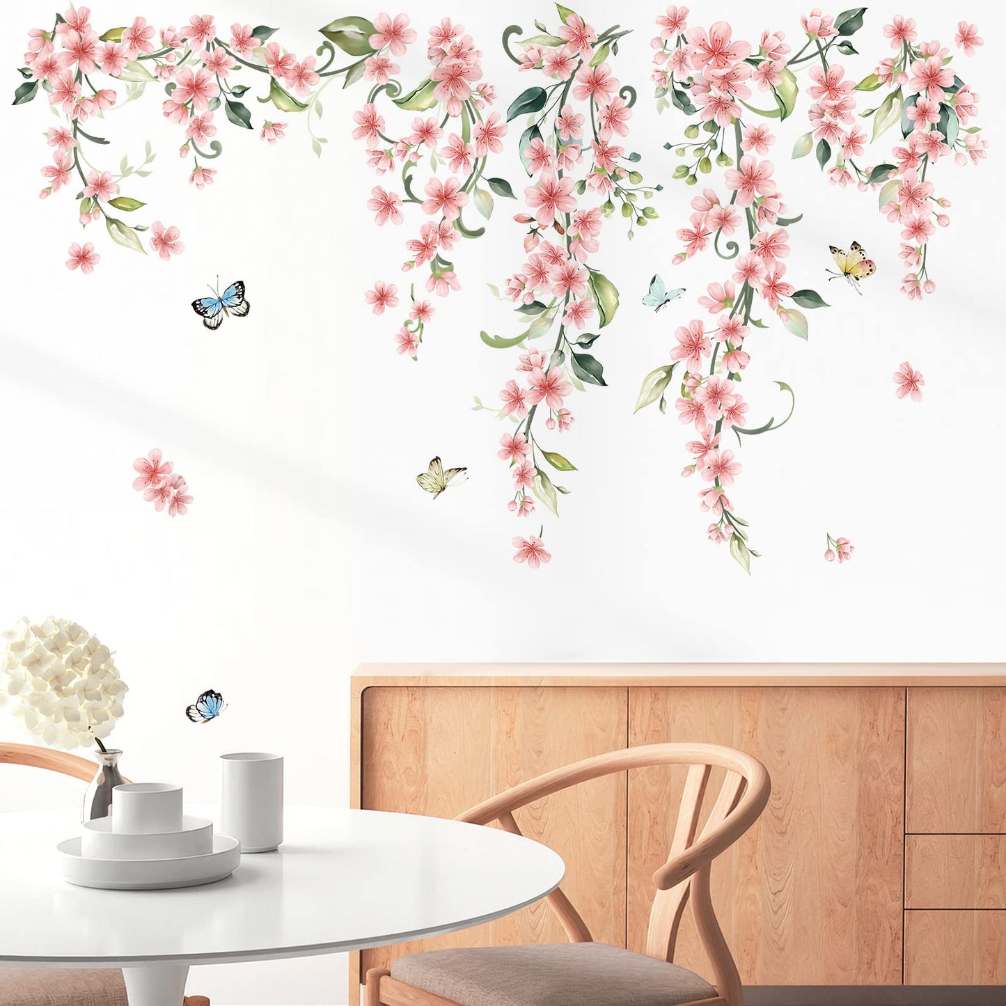 wondever Hanging Flower Vine Wall Stickers Pink Floral Peel and Stick Wall Art Decals for Living Room Bedroom TV Background