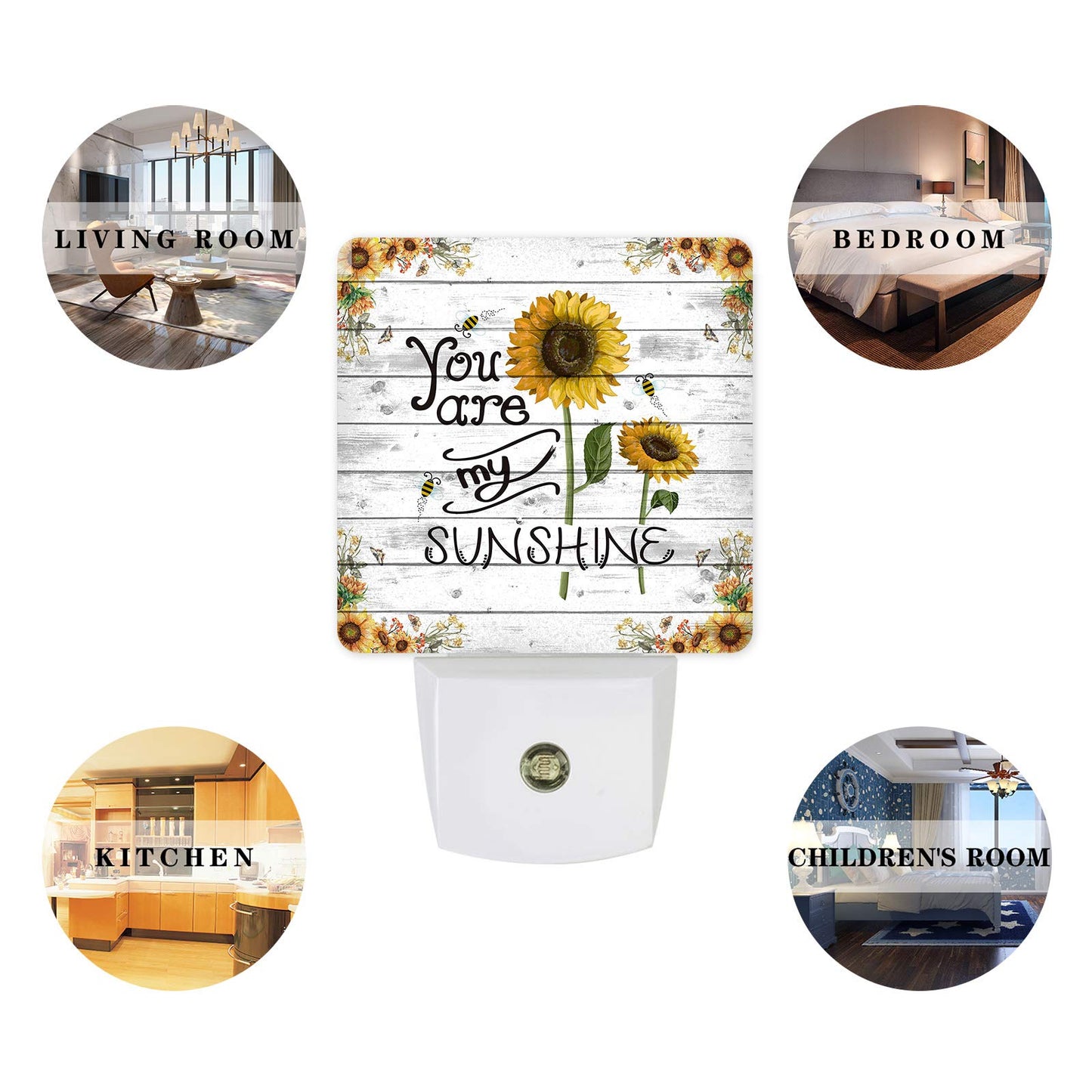 Farm Sunflower Bee Plug-in LED Night Lights Retro Wooden Printed Auto Dusk-to-Dawn Sensor for Bedroom, Bathroom, Kitchen, Nursery,Hallway,Stairs,Wall Home Decor