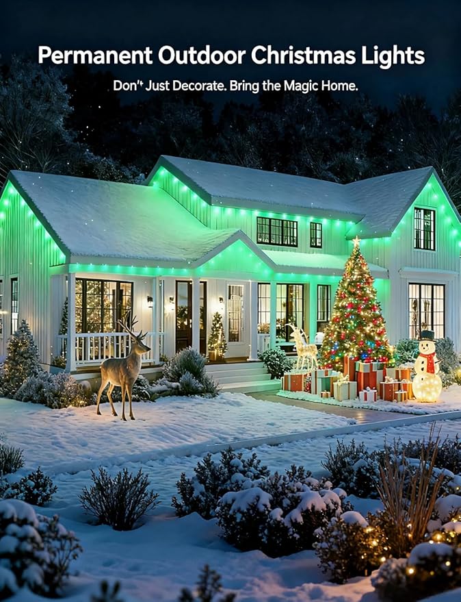 Smart Permanent Outdoor Lights, 100FT with 50 LED RGB LED Lights Outside with DIY Colors Scene Modes, IP67 Waterproof Eaves Lights for Christmas Halloween Holiday Party Garden Daily Decorations