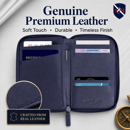 ALLEN & MATE 100% Leather Passport Holder for Travel RFID Blocking Passport Wallet for Men & Women - Zippered Compact Travel Document Organizer Fits Cash, Cards, SIM, ID and Tickets