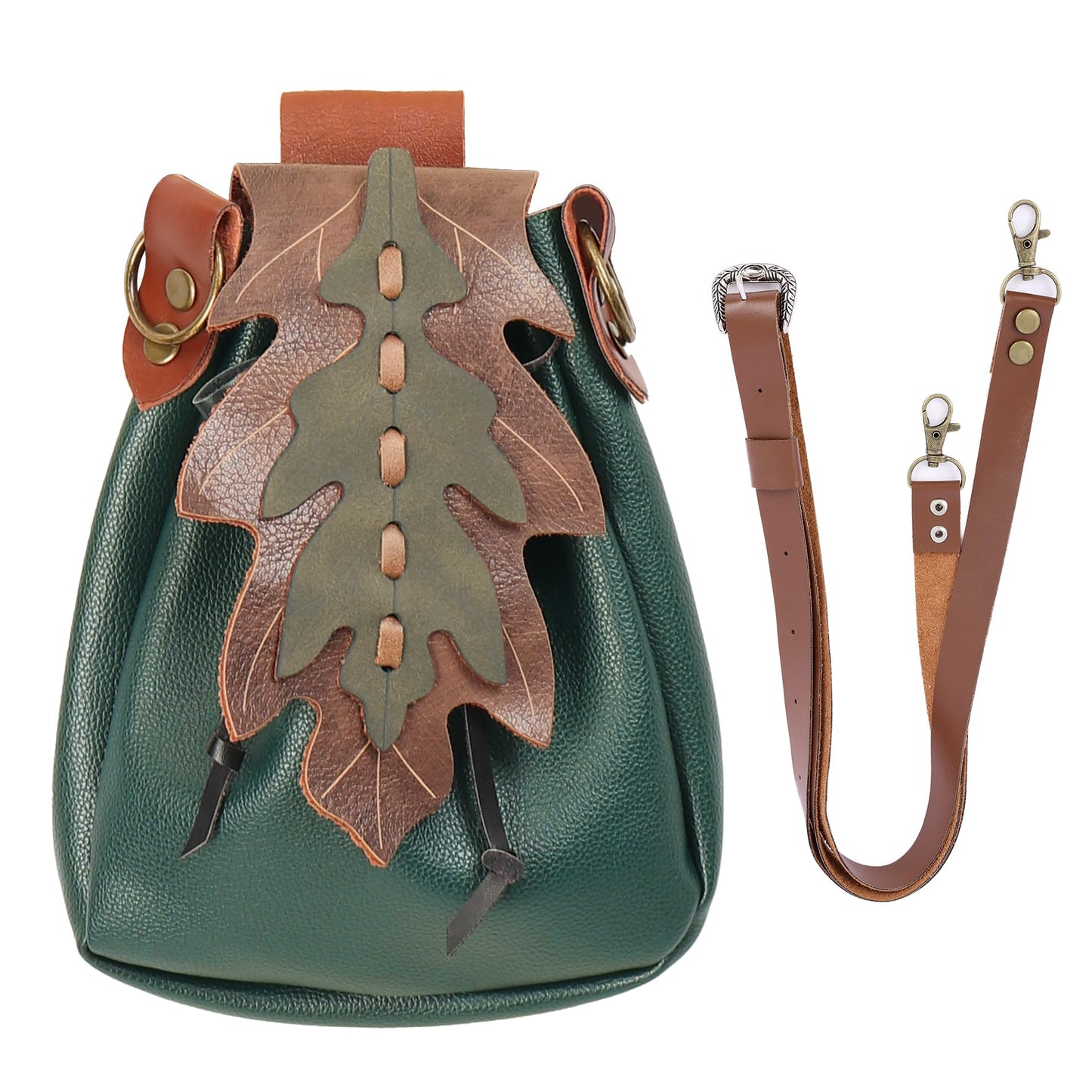 PROCOS Medieval Drawstring Faux Leather Shoulder Bag & Belt Pouch Renaissance Vintage Waist Pack Halloween Fairy ELF Cosplay (Green)