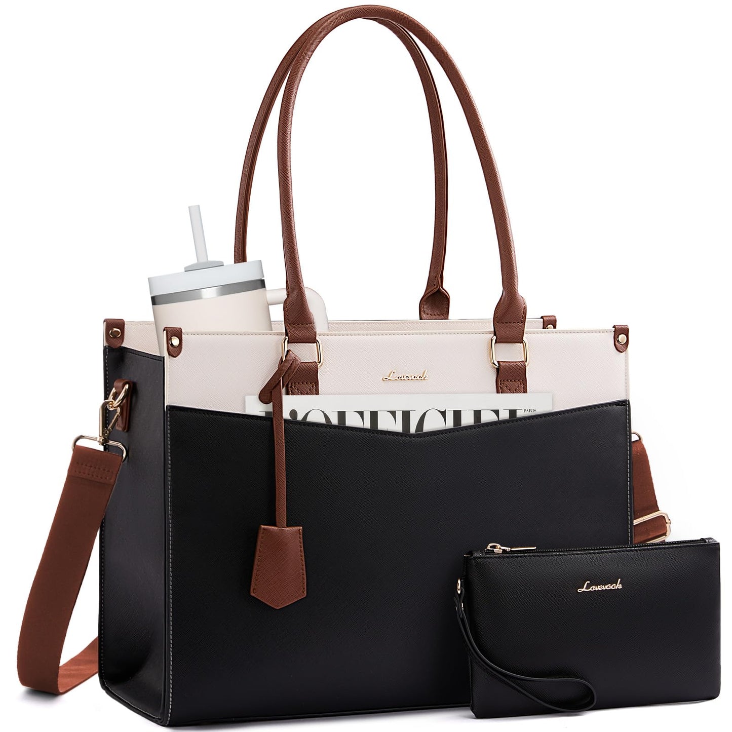 LOVEVOOK Laptop Bag for Women 15.6 Inch, Waterproof Leather Tote Purse with Cup Holder & Elegant Clutch, Multi Pocket Large Capacity Work Briefcase for Office Travel, Black-Beige-Brown