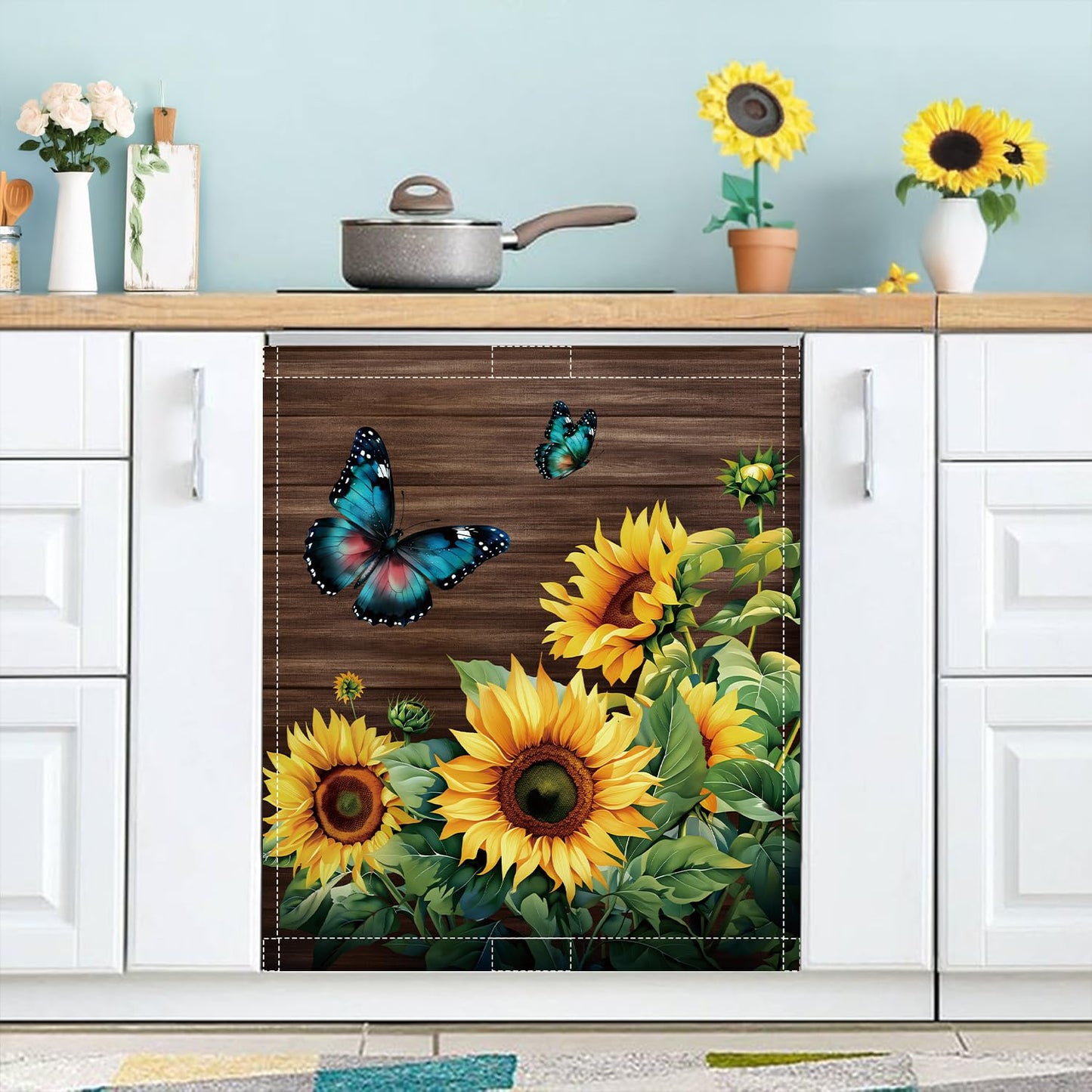 Sunflower Dishwasher Magnet Cover 23x26in Blue Butterfly Dishwasher Cover for Washers Fridge Panel, Floral Magnetic Covers for Kitchen, Machine Door Covers Decor, Spring Summer Kitchen Decor