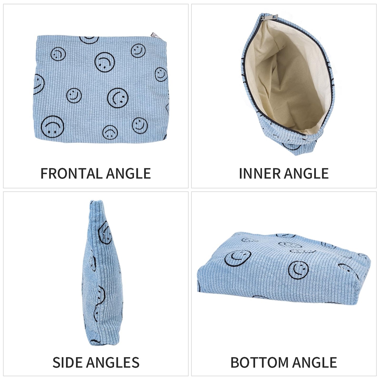 HFZRZFH Smiley Face Makeup Bag - Cute Blue Corduroy Small Toiletry Bags for Women, Soft Mini Skincare Organizer, Small Zipper Pouch For Travel Use