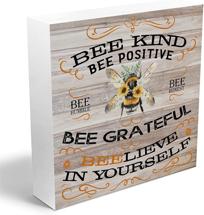 Inspirational Bee Decorations Wooden Box Sign, Vintage Bee Decor, Rustic Farmhouse Home Living Room Desk Table Shelf Decor Decorations, Motivational Positive Affirmations Wood Block Plaque