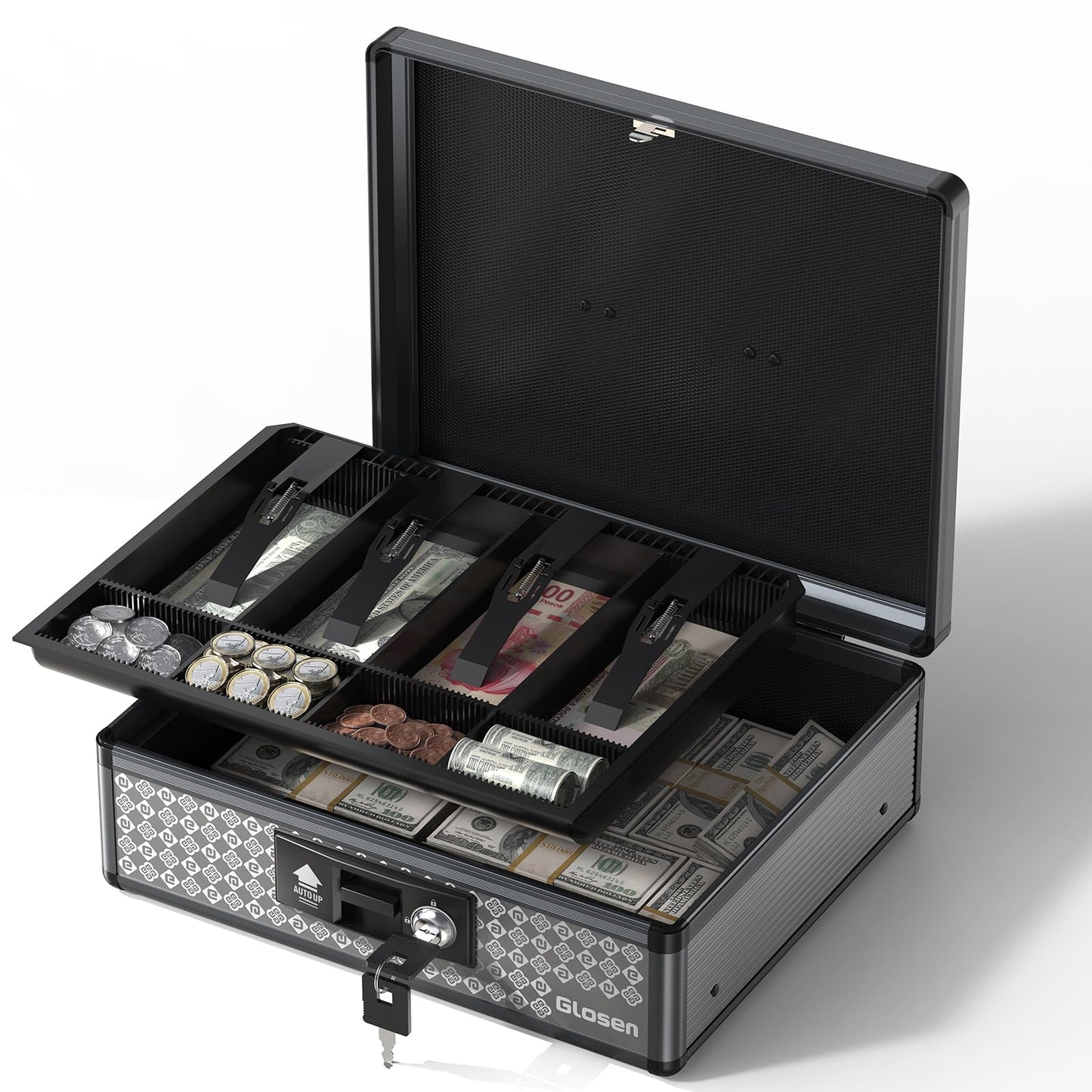 Glosen Cash Box with Lock, Money Box with Key Lock & Removable Coin Tray 13.5 * 4.31 * 11.4inch (Black, Large)