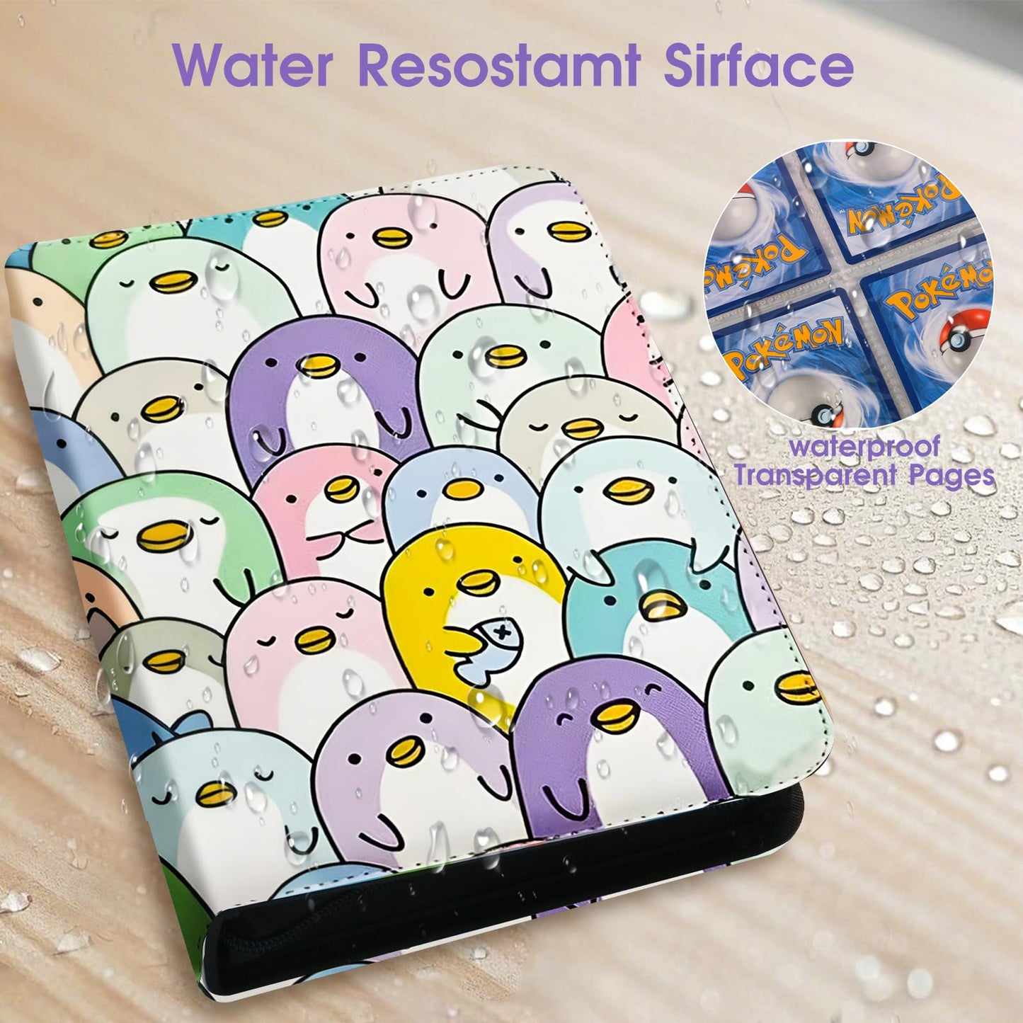 Trading Card Binder 4 Pocket with 50 Removable Sleeves, Card Holder Fits 400 Cards,Collection Album for Game Cards, Durable Collectible Storage Case for Girls and Boys(Penguin)