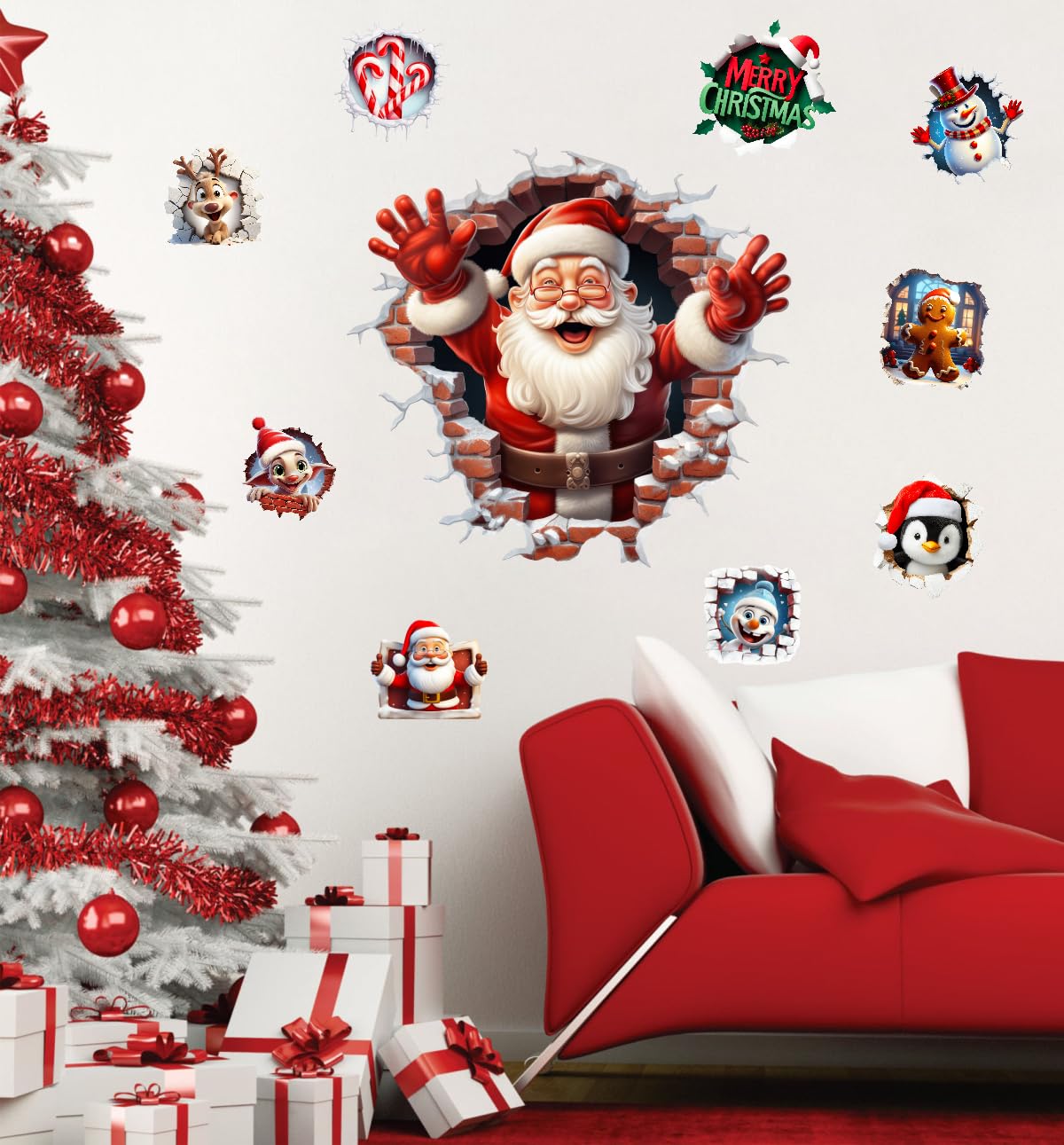 XUOIAYNB Large 3D Santa Claus Christmas Wall Stickers,Snowman Gingerbread Man Reindeer Candy Vinyl Wall Decals, Removable Winter Holiday Xmas Break Through Wall Art for Kids Bedroom Playroom Decor