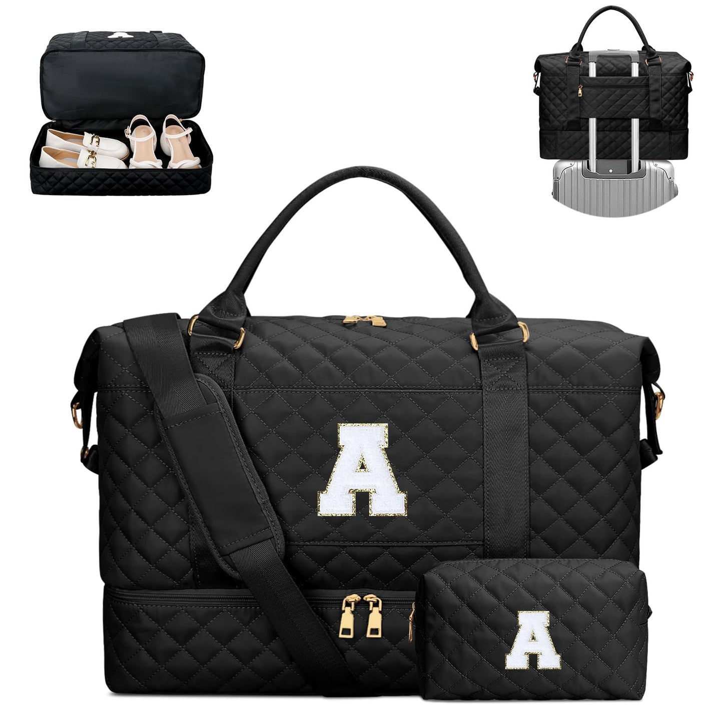 CLOUDWINGS Gifts for Women Girls Initial Travel Duffle Bag Quilted Weekender Carry-On Overnight with Cosmetic Bag, Gym Bag with Shoe Compartment, Black A