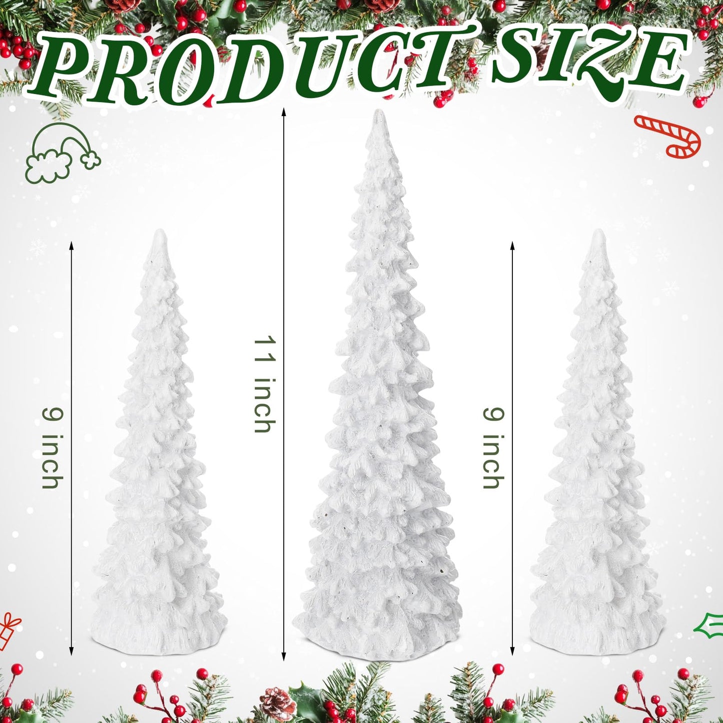 Flutesan 3 Pcs White Christmas Tree Figurines with Lights 11" /9" Tabletop Glittered Resin Village Pine Figurine Light Up Battery Operated Centerpieces Winter Holiday Decor for Table Mantel Home
