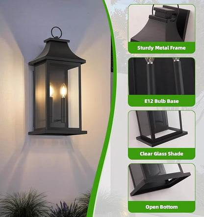tewei 18'' Large Outdoor Wall Light, Porch Light Outdoor Wall Sconce Lantern, 2-Light Black Exterior Lighting Fixture Wall Mount, Outside Light for House Garage, 2-Pack