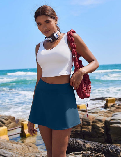 PINSPARK Tennis Skirts for Women Workout Golf Skorts Pleated High Waisted Athletic Skirt with Pockets,Dark Blue Medium