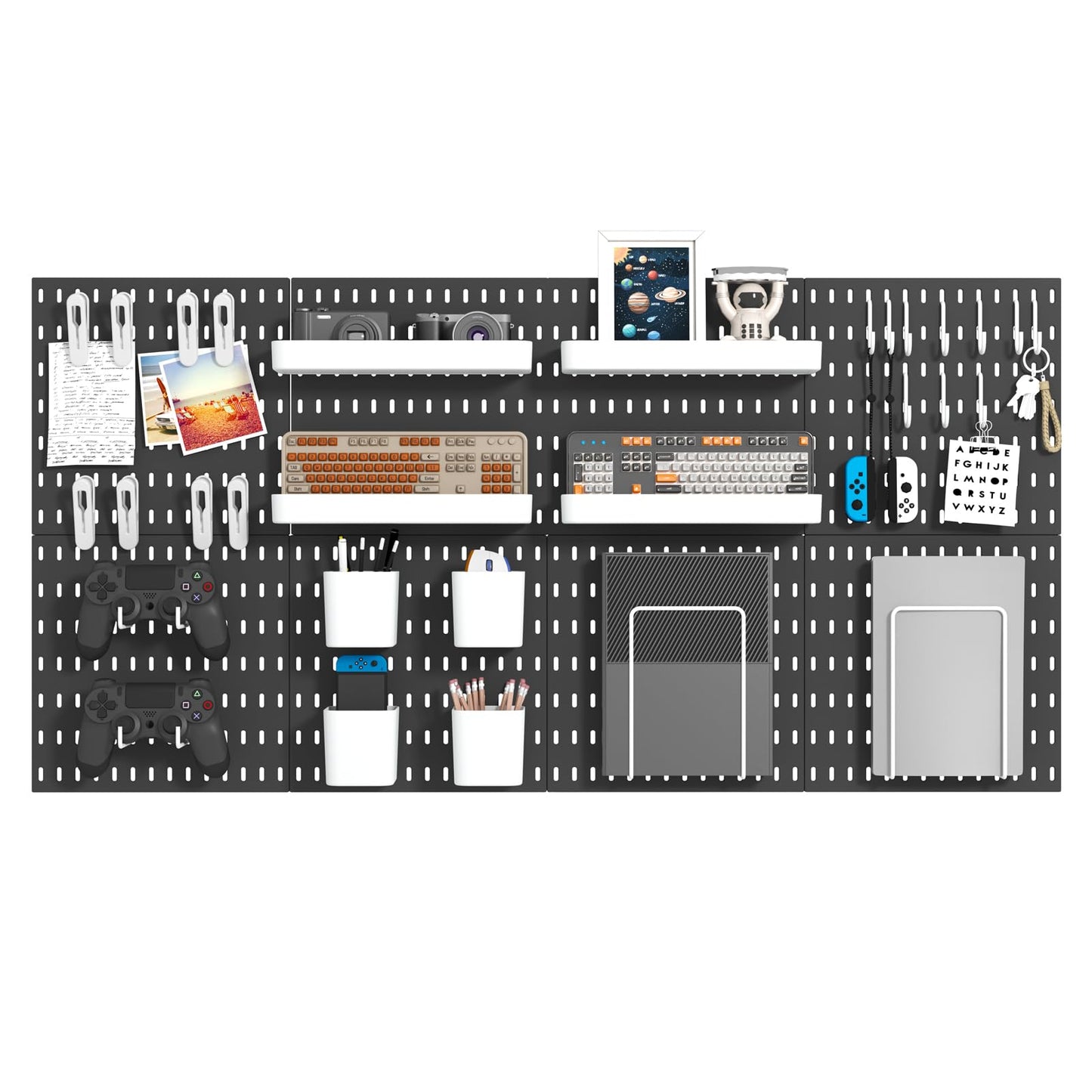 MULSAME Pegboard Combination Kit, Wall Mounted Storage Set with 8 Pegboards & 32 Accessories Hanging, Black Peg Boards Organizer for Walls Display, Crafts Organization, Kitchen Organizer, 22" x 44"