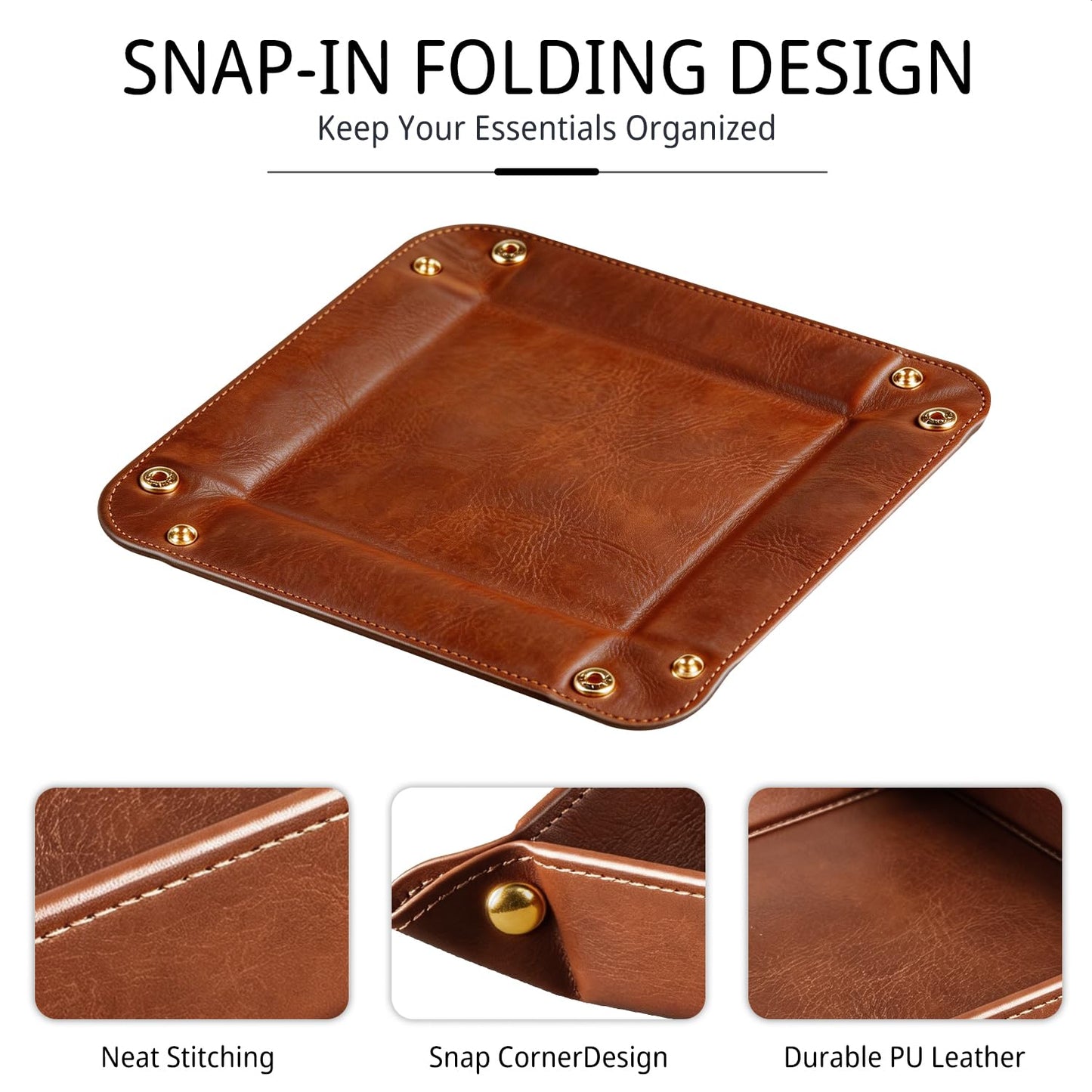 YAPISHI Light Luxury Valet Tray for Men, PU Leather Vanity Jewelry Tray & Decorative Perfume Catchall, Folding Travel EDC Dump Tray, Nightstand Organizer Caddy for Keys, Watches, Coin Bowl Dish