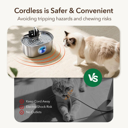 Cat Water Fountain Stainless Steel 108oz/3.2L:Battery Operated Wireless Cat Fountains for Drinking Indoor, Automatic Pet Water Dispenser with Ultra Quiet Pump,Multi-Filtration,Easy Clean BPA-Free