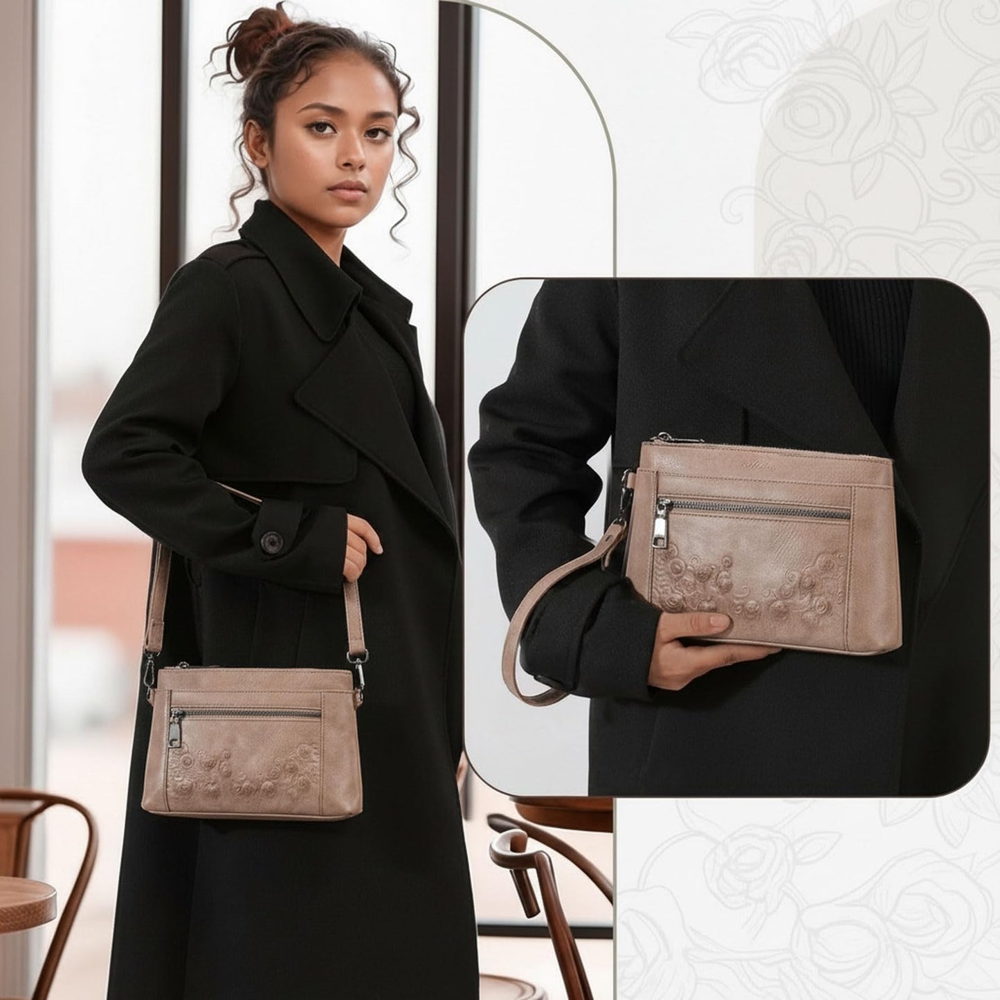MEITRUE Wristlet Wallets Clutch Purses for Women - Rose Embossed Vegan Leather Small Crossbody Bag Mini Cell Phone Wallet Purse with Adjustable Strap & Card Pockets